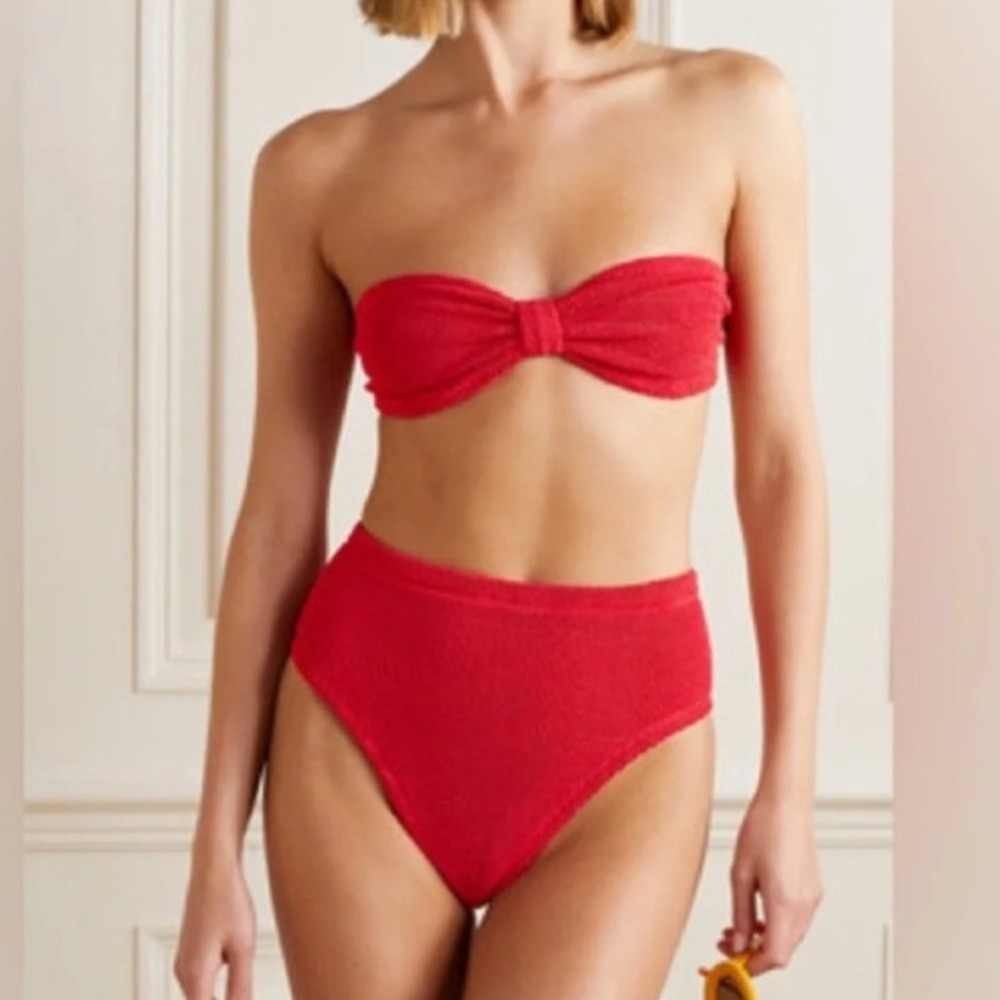 Hunza G Red Ruby Bikini Set Crinkle Seersucker Bandeau High Waist Two Piece OS